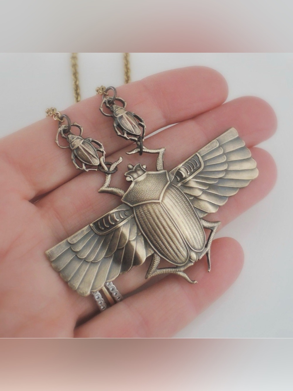 Vintage Art Deco Scarab Necklace Egyptian Revival Statement Jewelry Brass - Picture 2 of 6